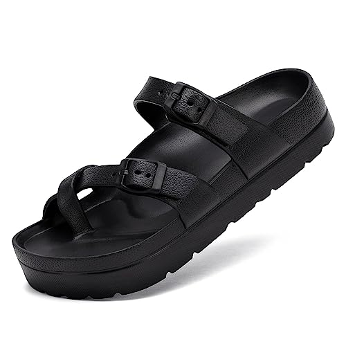 Womens Arch Support Platform Sandals Comfort Slides Thick Soles Flat Sandals With Adjustable Buckle & Ultra Cushion