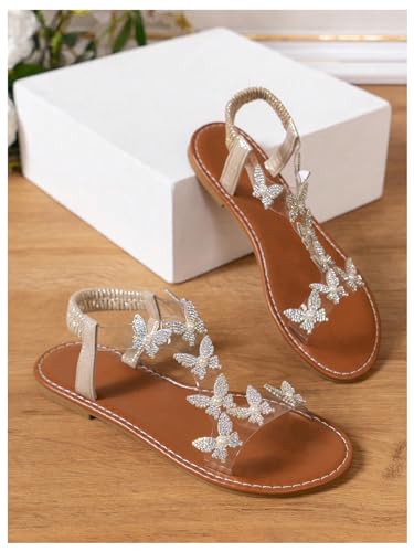 Women's Elegant Rhinestone Butterfly Transparent Elastic Strap Summer Flat Sandals