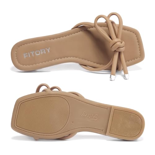 Women's Flat Sandals Square Open Toe Thong with Cute Knot for Summer Size 6-11
