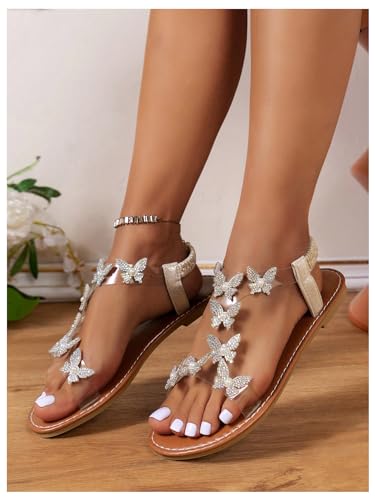 Women's Elegant Rhinestone Butterfly Transparent Elastic Strap Summer Flat Sandals