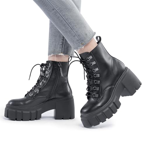 Women’s Combat Boots Lightweight Lace up Side Zipper Ankle Botas High Heel Chunky Platform Lug Sole Booties Size 6-11