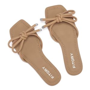 Women's Flat Sandals Square Open Toe Thong with Cute Knot for Summer Size 6-11
