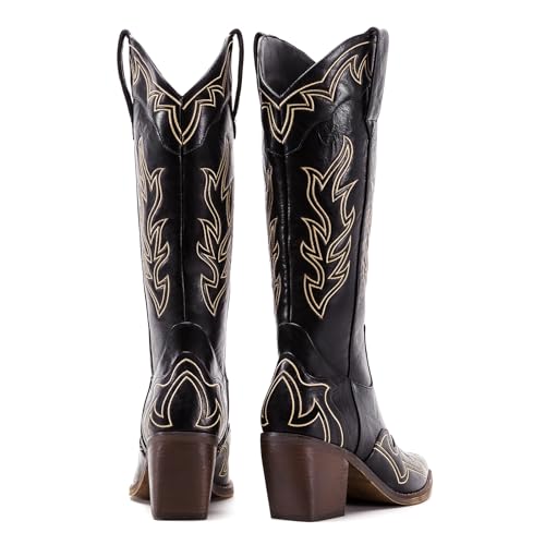 Womens Wide Calf Cowboy Boots Classic Western-Style Cowboys Boots for Women Pointed Toe Womens Cowgirl Boots with Chunky Heel