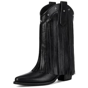Fringe Cowboy Boots for Women – Mid Calf Cowgirl Boots with Star Studded, Pointed Toe and Chunky Heel, Perfect for Country Music