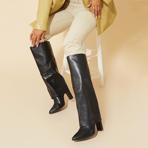 Knee High Boots Women Fold Over Knee High Boots Chunky High Heels Long Boots Zipper Pointed Toe Dress Tall Boots for Women