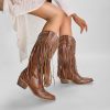 Fringe Cowboy Boots for Women Wide Calf Embroidered Tassal Cowgirl Boot Knee High Snip Toe Pull On Western Shoes
