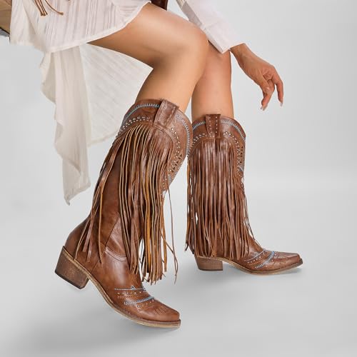 Fringe Cowboy Boots for Women Wide Calf Embroidered Tassal Cowgirl Boot Knee High Snip Toe Pull On Western Shoes