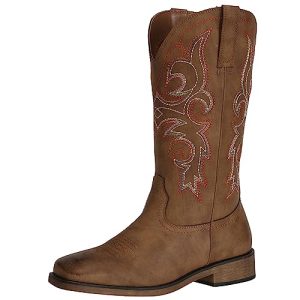 Women's Wide Width Cowboy Boots Square Toe Mid Calf Western Cowgirl Boots