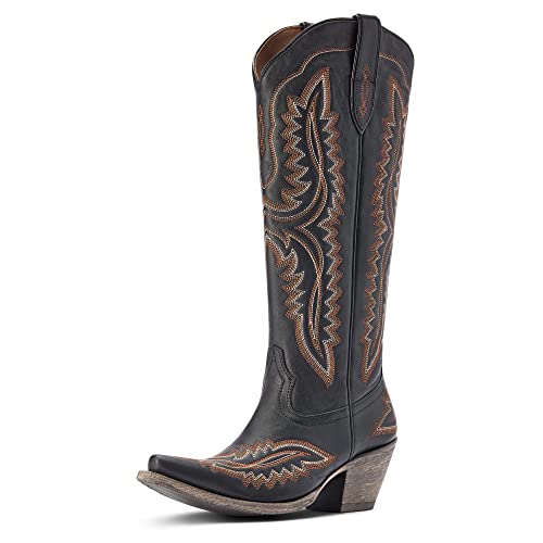 Womens Casanova Embroidered Snip Toe Zippered Casual Boots Knee High Mid Heel 2-3" - Black