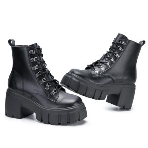 Women’s Combat Boots Lightweight Lace up Side Zipper Ankle Botas High Heel Chunky Platform Lug Sole Booties Size 6-11