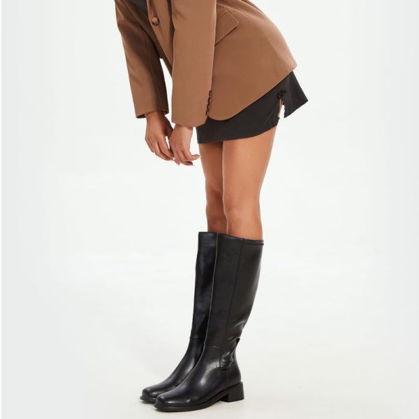 Knee High Boots Women Faux Leather Elastic Boots Low Heel Square Toe Side Zipper Fall Long Tall Boots for Women