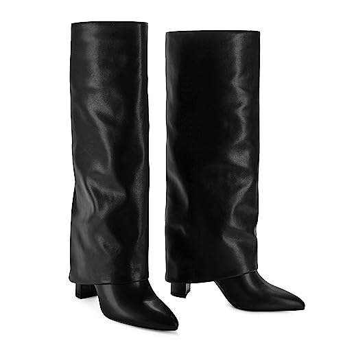 Knee High Boots Women Fold Over Knee High Boots Chunky High Heels Long Boots Zipper Pointed Toe Dress Tall Boots for Women
