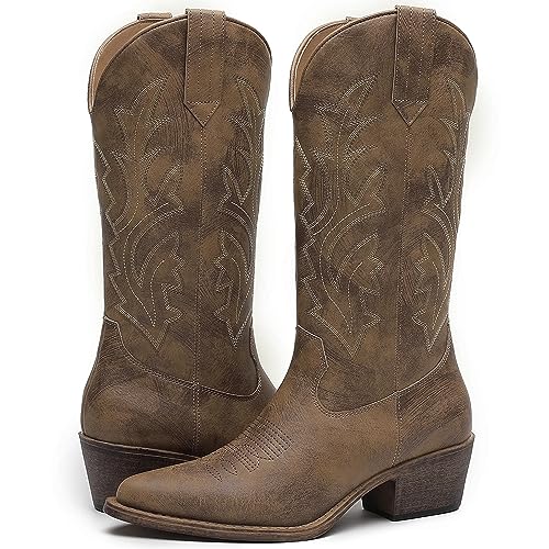 Women's Mid Calf Western Cowboy Boots Cowgirl Boots for Women with Floral Embroidery Side Zipper Chunky Heel
