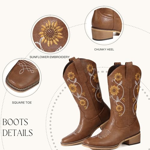 Cowboy Boots for Women - Mid Calf Western Sunflower Cowgirl Boots with Floral Embroidery, Square Toe Stitched Pull On Retro