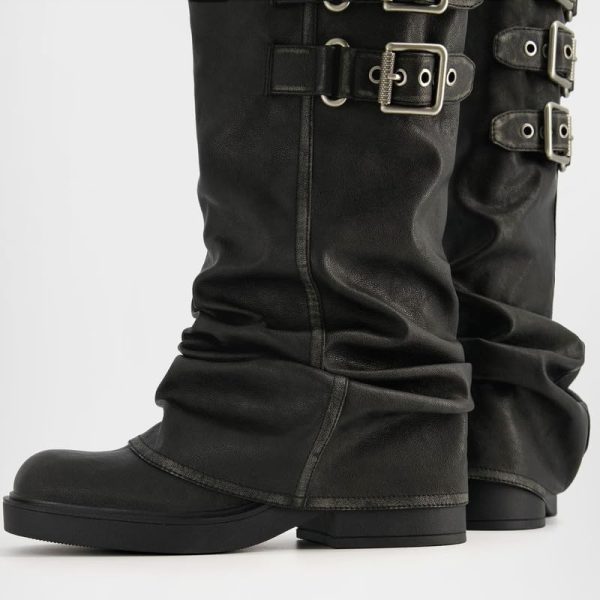 Fold Over Knee High Boots Slouch Boots for Women Chunky Goth Platform Boots,2 inch Heel Wide Calf Long Boots Square Toe Riding