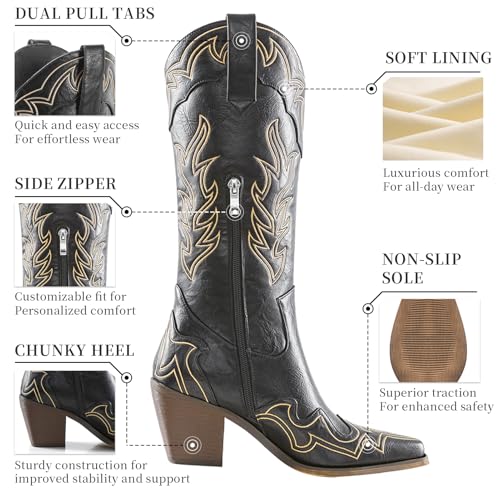 Womens Wide Calf Cowboy Boots Classic Western-Style Cowboys Boots for Women Pointed Toe Womens Cowgirl Boots with Chunky Heel