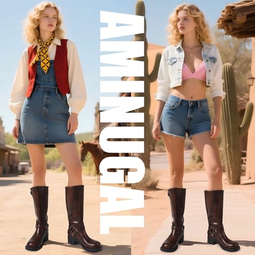 Knee High Boots Women Square Toe Pull On Wide Calf Riding Fashion Buckles Chunky Metallic Casual Vintage Buckle Rivet