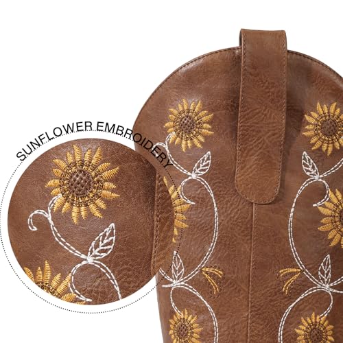 Cowboy Boots for Women - Mid Calf Western Sunflower Cowgirl Boots with Floral Embroidery, Square Toe Stitched Pull On Retro