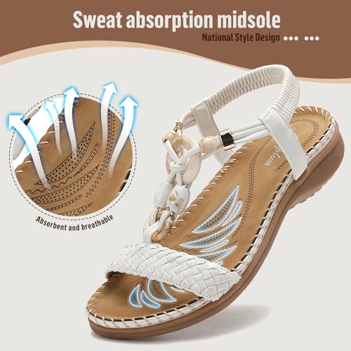 Women Sandals Arch Support Handmade Bohemian Braided Flat Sandals Comfort Walking Beach Ankle Elastic Summer Shoes