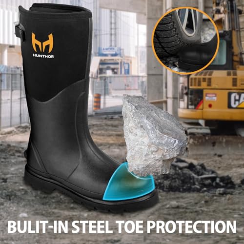 Rubber Work Boots, Puncture-Proof with Steel Toe & Shank, Waterproof Insulated 6mm Neoprene Hunting Boots for Farming,
