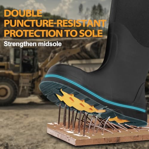 Rubber Work Boots, Puncture-Proof with Steel Toe & Shank, Waterproof Insulated 6mm Neoprene Hunting Boots for Farming,