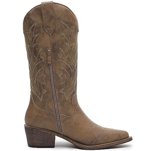 Women's Mid Calf Western Cowboy Boots Cowgirl Boots for Women with Floral Embroidery Side Zipper Chunky Heel