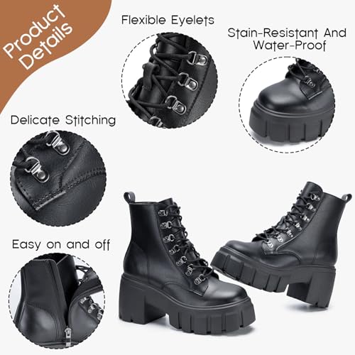 Women’s Combat Boots Lightweight Lace up Side Zipper Ankle Botas High Heel Chunky Platform Lug Sole Booties Size 6-11