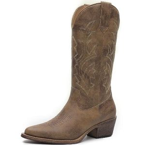 Women's Mid Calf Western Cowboy Boots Cowgirl Boots for Women with Floral Embroidery Side Zipper Chunky Heel