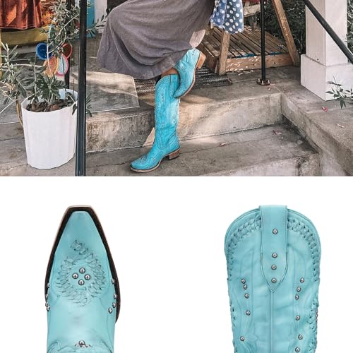 Cowboy Boots for Women, Knee High Western Cowgirl Boots Pointed Toe Chunky Heel Pull on Zipper Fashion Vintage Tall Shoes
