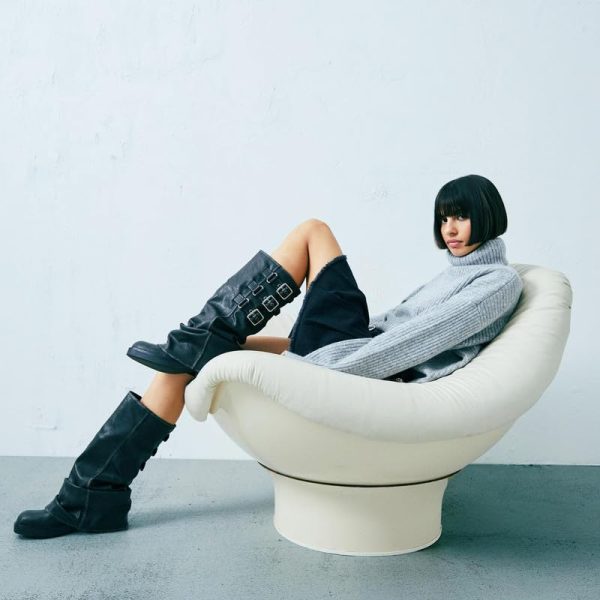 Fold Over Knee High Boots Slouch Boots for Women Chunky Goth Platform Boots,2 inch Heel Wide Calf Long Boots Square Toe Riding
