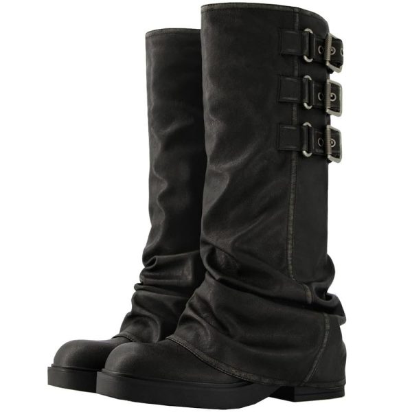 Fold Over Knee High Boots Slouch Boots for Women Chunky Goth Platform Boots,2 inch Heel Wide Calf Long Boots Square Toe Riding