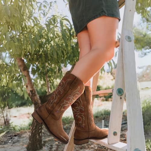 Women's Wide Width Cowboy Boots Square Toe Mid Calf Western Cowgirl Boots