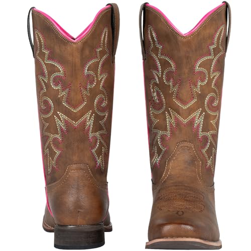 Women's Cowboy Boots Square Toe Western Cowgirl Mid Wide Calf Embroidered Boots Brown